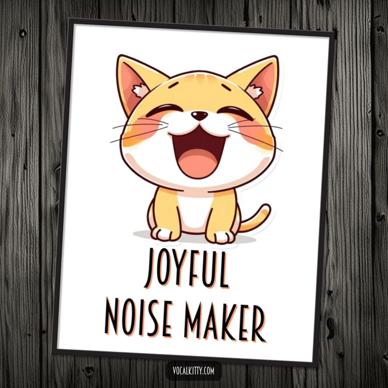 Funny digital art print of a small, ecstatic cat character yelling with a wide-open mouth, conveying pure, uninhibited cheer.