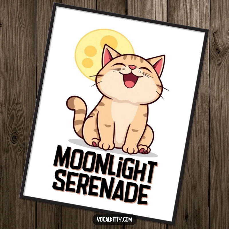 Funny howling cat moon digital art print, a grinning cat howling at a charming cartoon moon, creating a delightful scene.