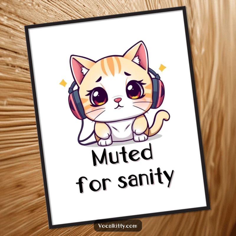 Funny digital art print of a cat with large speakers on its head, its expression conveying extreme overwhelm and a humorous plea for quiet.