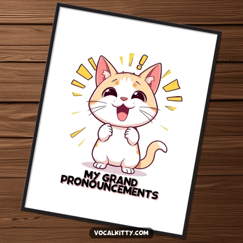 Funny cat digital art print showing a cat heroically shouting with extremely large, bold, and dynamic sound effect graphics like 'BREAKING NEWS!' and 'ALERT!'.