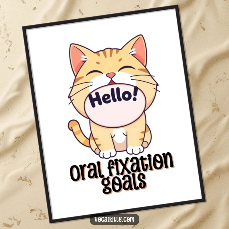 Funny cat's huge oval mouth yelling 'Hello!', digital art print, downloadable graphic.