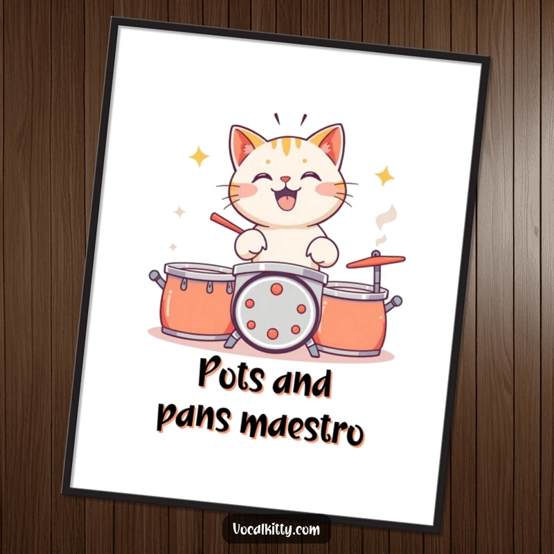 Funny cat drumming with great enthusiasm on pots and pans, digital art print.