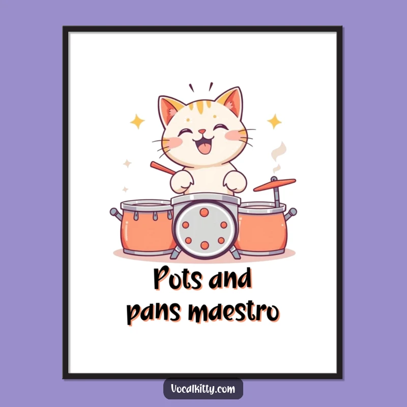 Funny Cat Drummer Digital Art: Enthusiastic Percussion Print