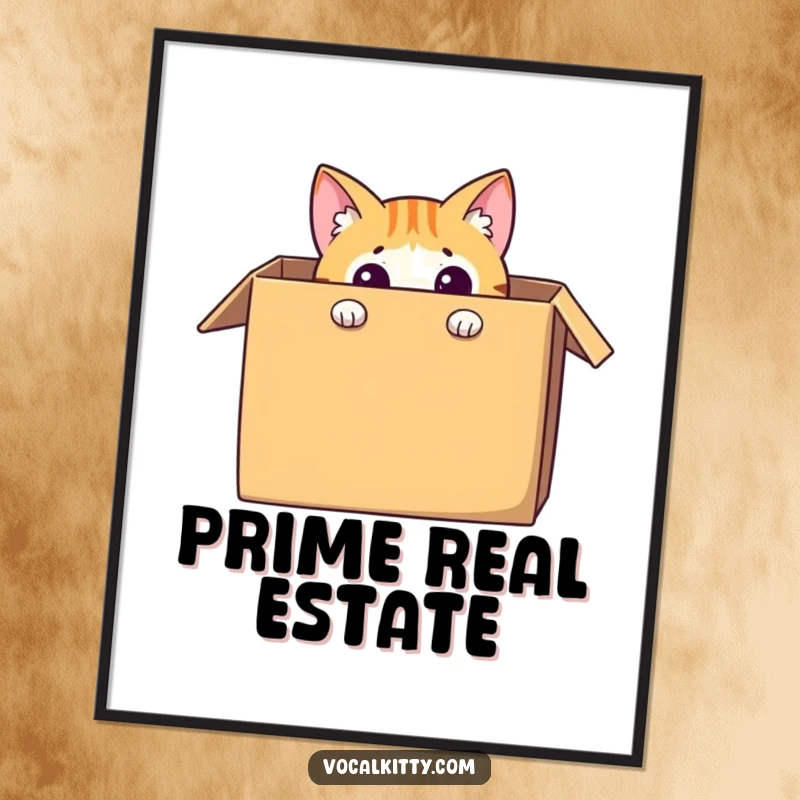 Funny cat digital art print of a curious feline character peeking out from an oversized cardboard box, creating humorous and charming wall art.