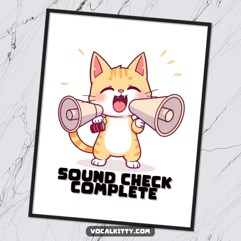 Funny cat digital art print of a character practicing yelling into a giant megaphone, offering immediate humor and personality to any digital display or print.