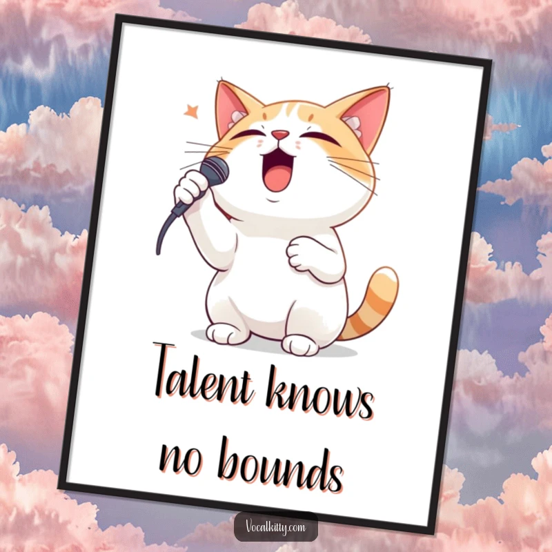 Funny digital art print of a dramatic cat singing with intense emotion, paw on its chest, ready for an encore.