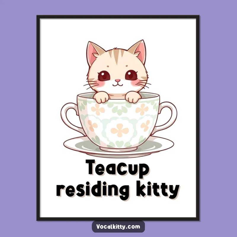 Funny Peek-A-Boo Cat Teacup Digital Art Print, Cozy Wall Decor