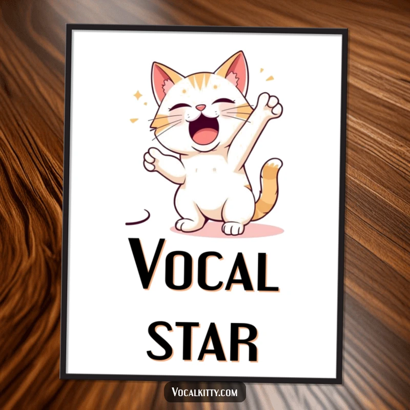 Funny digital art print of a cartoon cat character striking a powerfully dramatic singing pose, embodying the essence of performance.