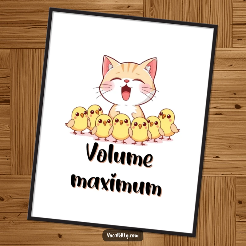 Funny cat character meowing loudly, startling tiny birds, as a funny digital art print.