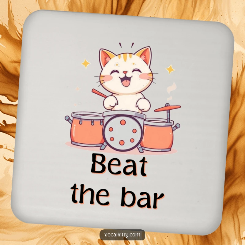Funny cat drumming on pots and pans, comical intensity, drink coaster.
