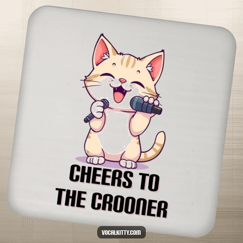 Funny drink coaster featuring a small cat singer with a microphone, paws raised, adding humorous performance vibes.