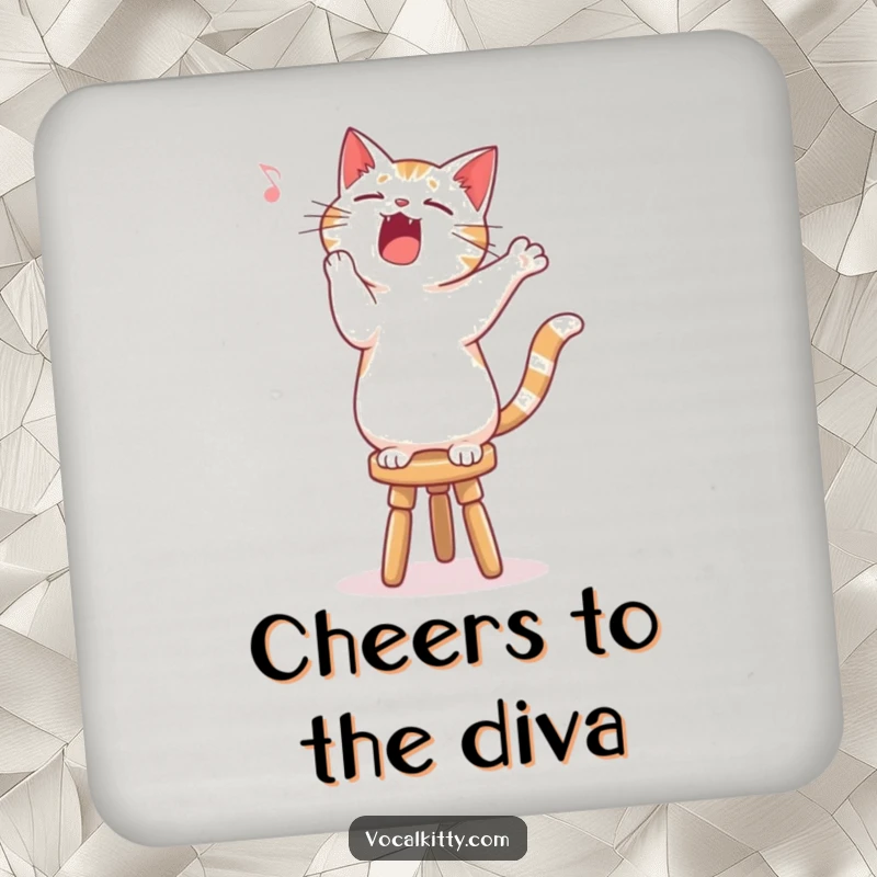 Funny singing cat coaster, standing on a stool, performing a song. Protects surfaces musically.