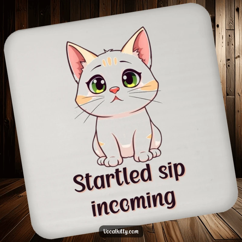 Funny drink coasters with a cat having comically large ear canals, looking startled, adding a humorous and relatable touch to protect surfaces.
