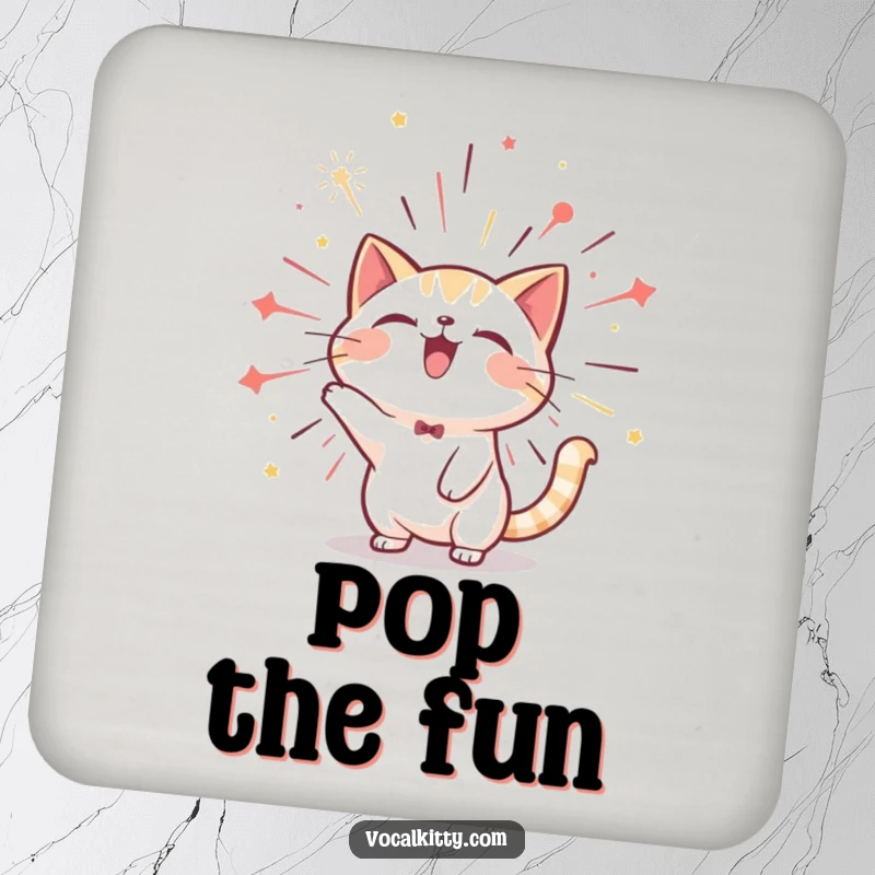 Funny cat drink coaster with a character bursting with joyful sound like a firework, adding a festive and protective element.