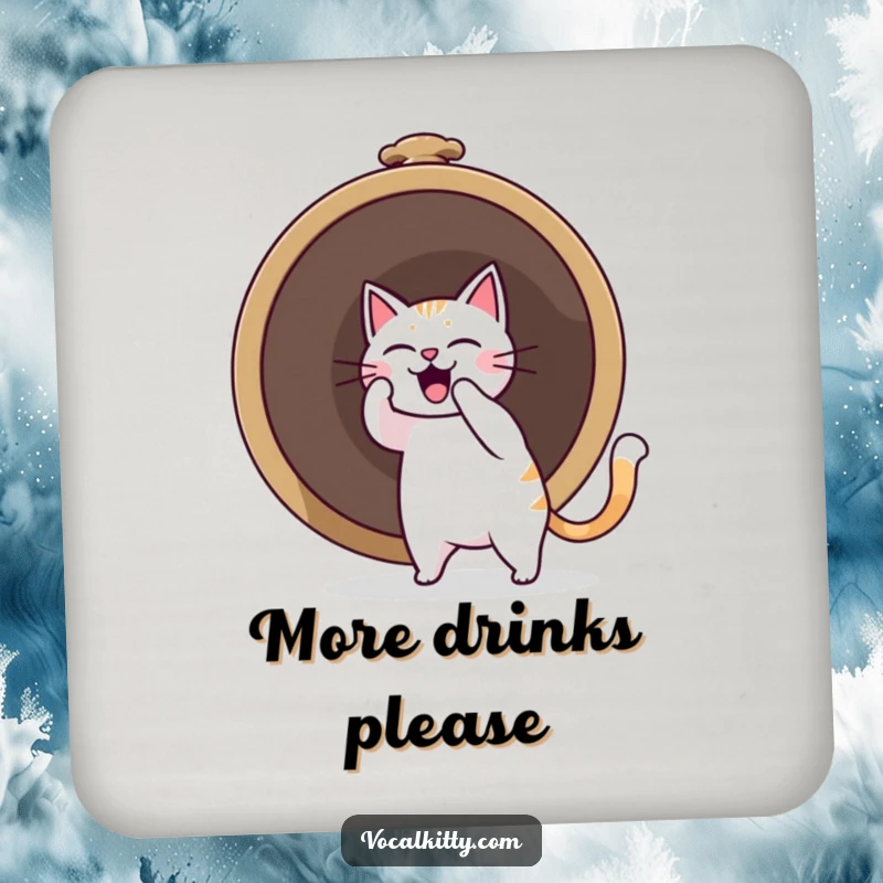 Funny cat character ringing a bell with a sound boom effect, depicted on a protective drink coaster.