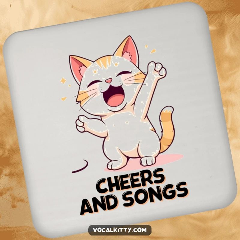 Funny drink coaster featuring a cartoon cat character striking a show-stopping, dramatic singing pose, ready for applause.