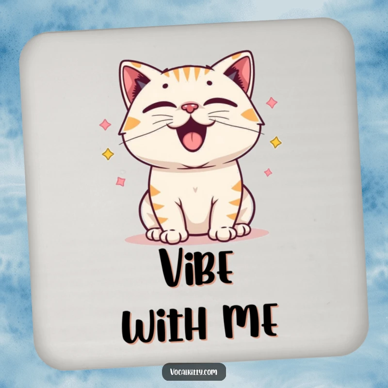 Funny drink coaster featuring a cartoon cat with dramatically vibrating vocal cords, symbolizing harmonious and happy sound production.