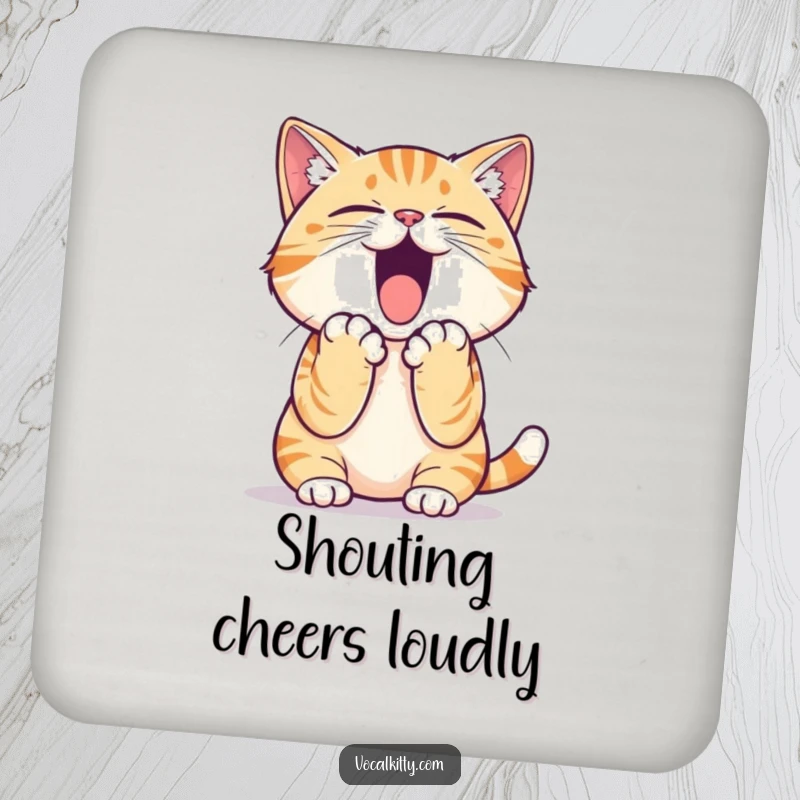 Funny cat drink coaster featuring a cat with paws cupped around its mouth, preparing to let out a humorous yell.