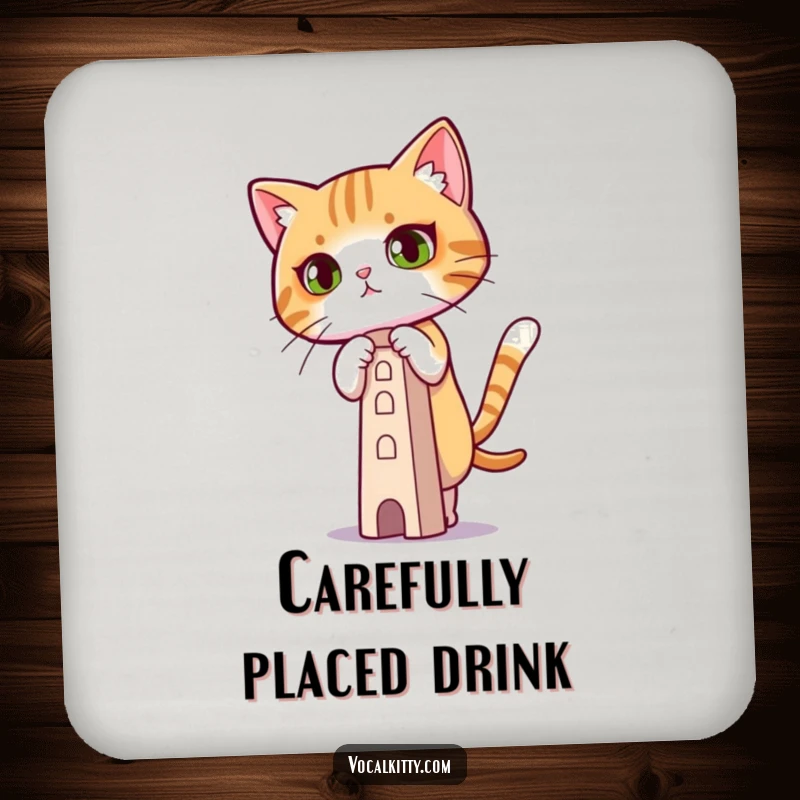 Funny Coaster depicting a cat with intense concentration balancing a small tower, perfect for precise drink placement.