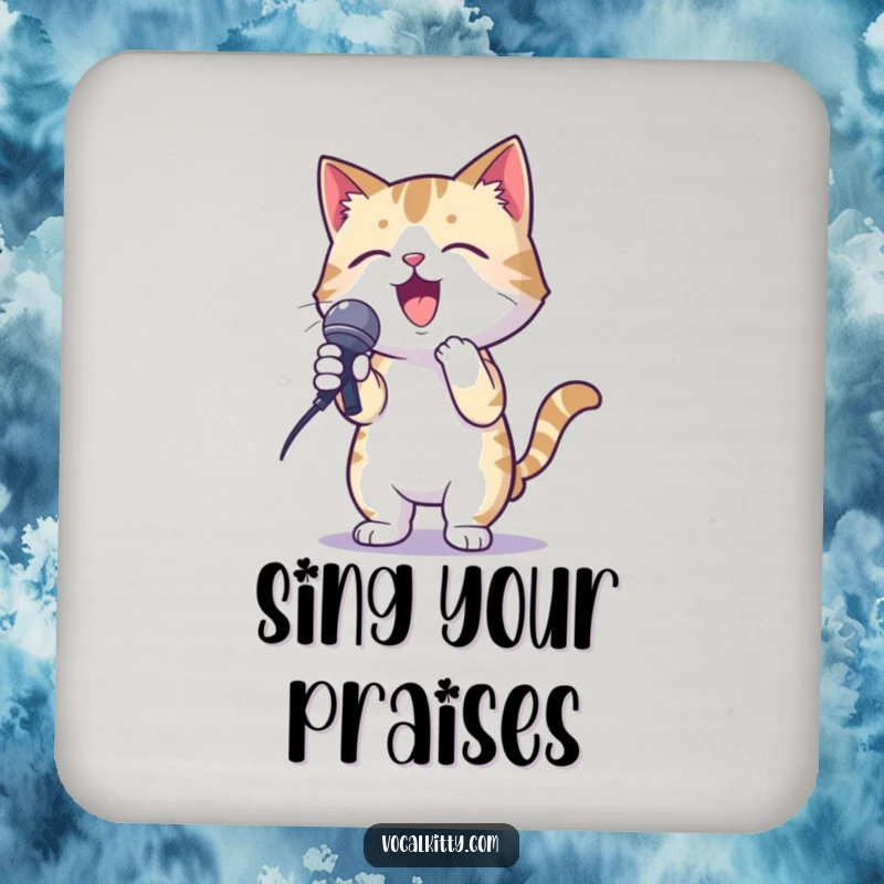 Funny coasters depicting a cat in a karaoke pose, enthusiastically holding a microphone, for surface protection.
