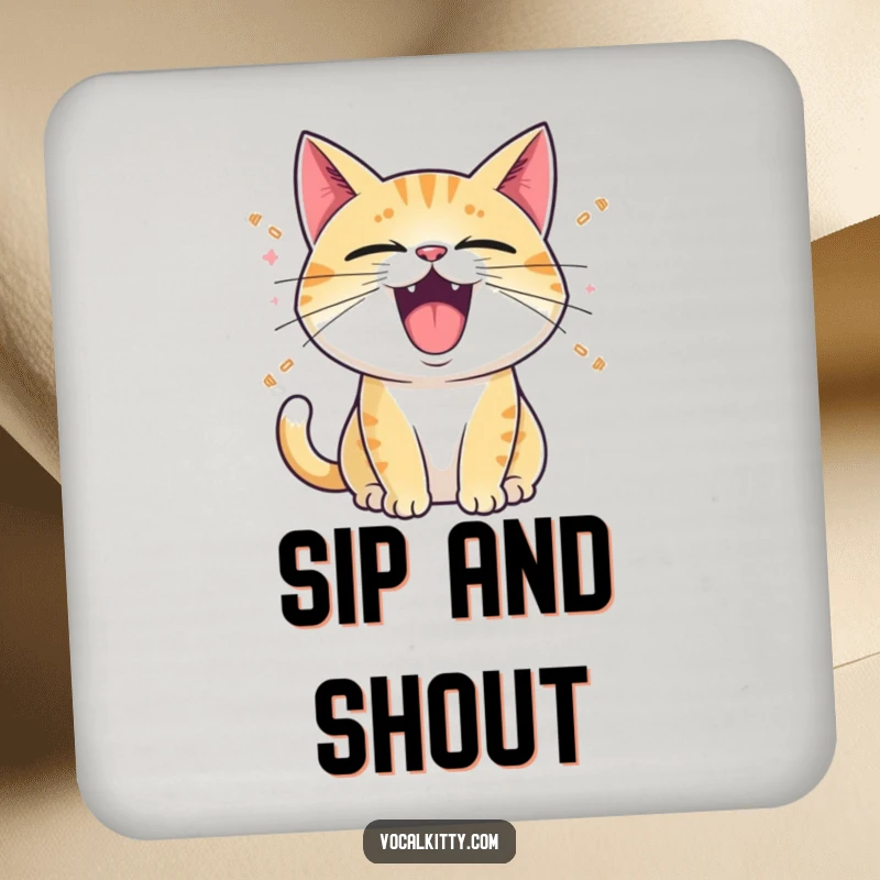 Funny Coasters: A cat with its mouth wide open, emitting cartoon sound waves, adding vocal humor and surface protection.