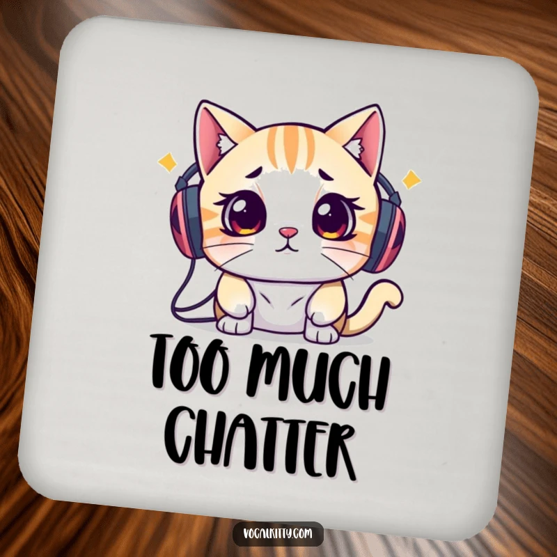 Funny drink coaster with a cat looking stressed from head speakers, humorously representing an overload of auditory input.