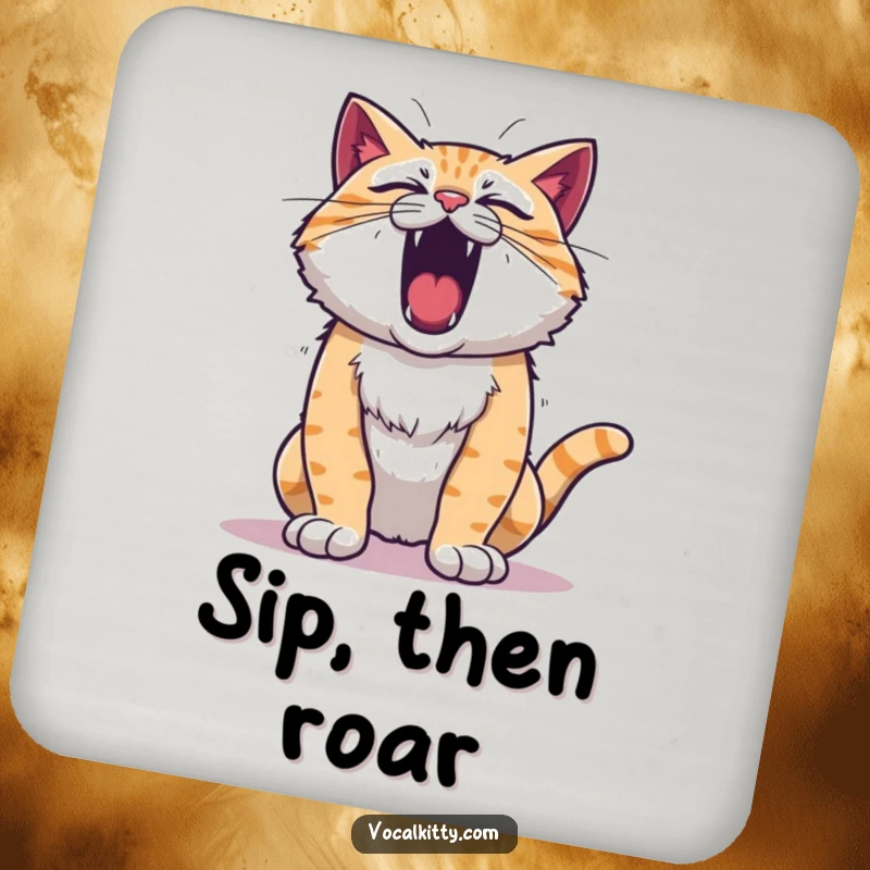Funny roaring cat coaster, chest puffed out, mid-roar. Protects surfaces with a humorous, loud design.