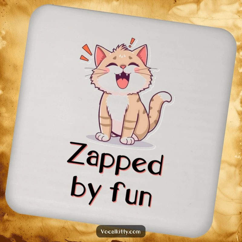 Funny shocked cat coaster, fur on end, with a cartoon 'ROAR!' bubble. Protects surfaces with humorous surprise.