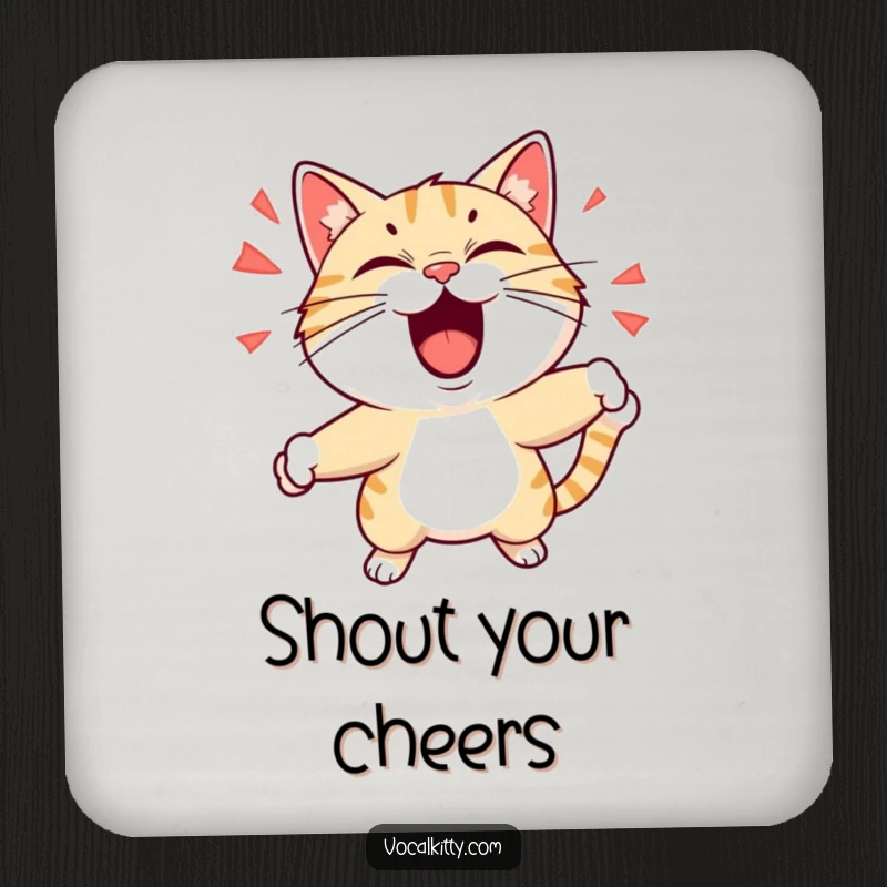 Funny drink coaster with a cat playfully shouting with exaggerated expressions and dynamic motion, providing protection with lively humor. A quirky addition to any table.