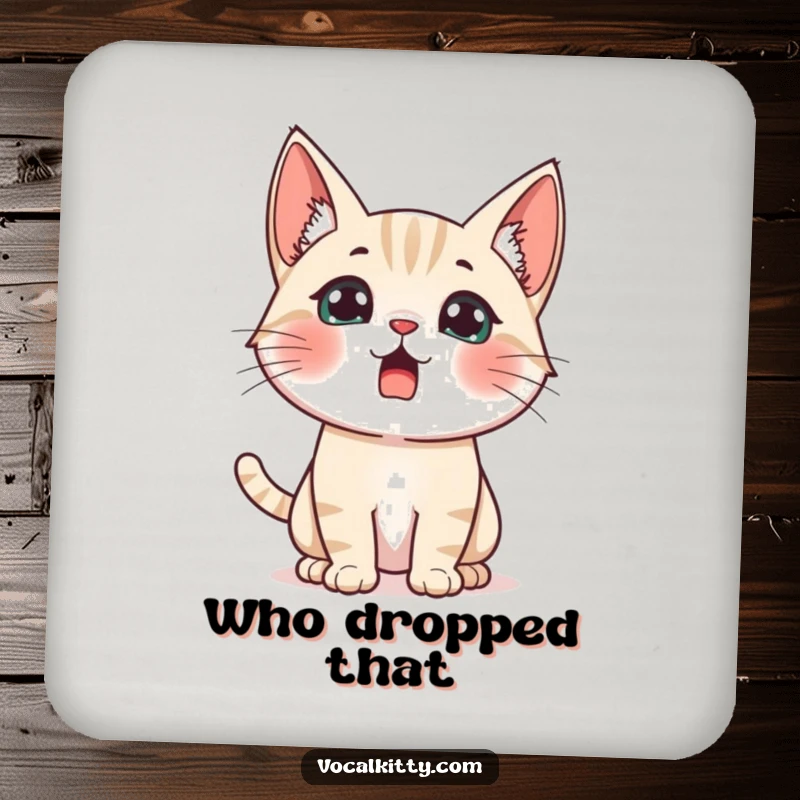Funny startled cat coaster, ears perked high, eyes wide, embodying humorous surprise and protecting surfaces.