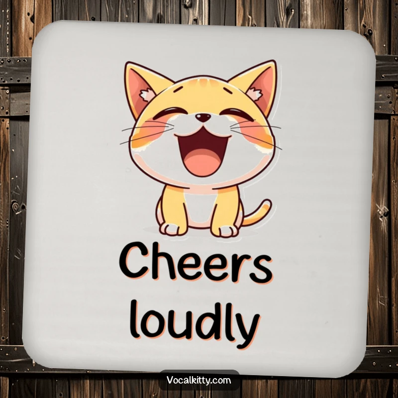 Funny drink coaster featuring a tiny, enthusiastic cat character yelling with a wide-open mouth, adding a pop of fun.