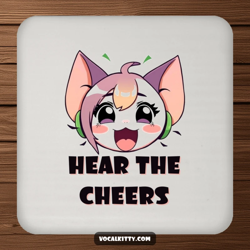 Funny drink coaster with a character featuring oversized ears and emitting sound waves from an open mouth. Protects surfaces.