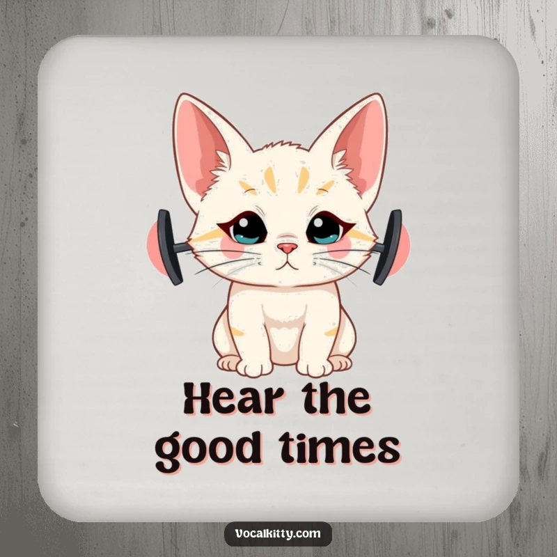 Funny drink coasters featuring a cat with comically large ears, depicted in a listening pose, protecting surfaces.