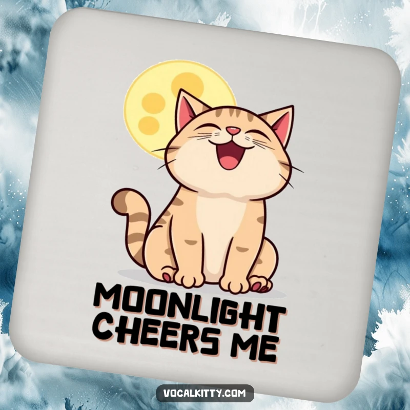 Funny howling cat moon drink coasters, showing a grinning cat howling at a cartoon moon, adding a touch of whimsy.