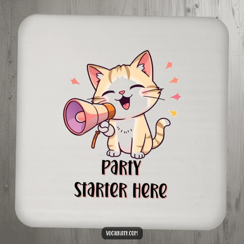 Funny drink coasters with a cat using a megaphone and emitting colorful sound waves, adding a humorous and bold touch to protect surfaces.