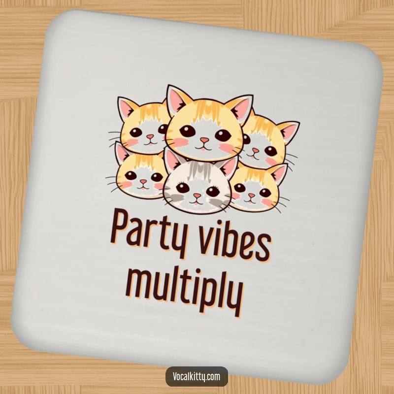 Funny cat drink coasters featuring small cartoon cat heads with whiskers radiating outwards, perfect for protecting surfaces with a humorous design.