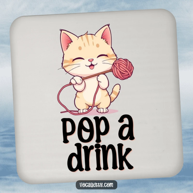 Funny Coaster depicting a cat playfully batting at a soap bubble, adding joy to drinks.