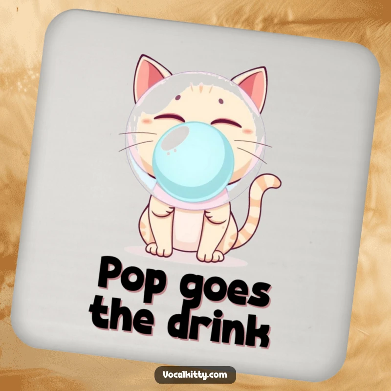 Funny Cat Blowing Giant Bubblegum Bubble About to Pop Coaster - Humorous Table Protection