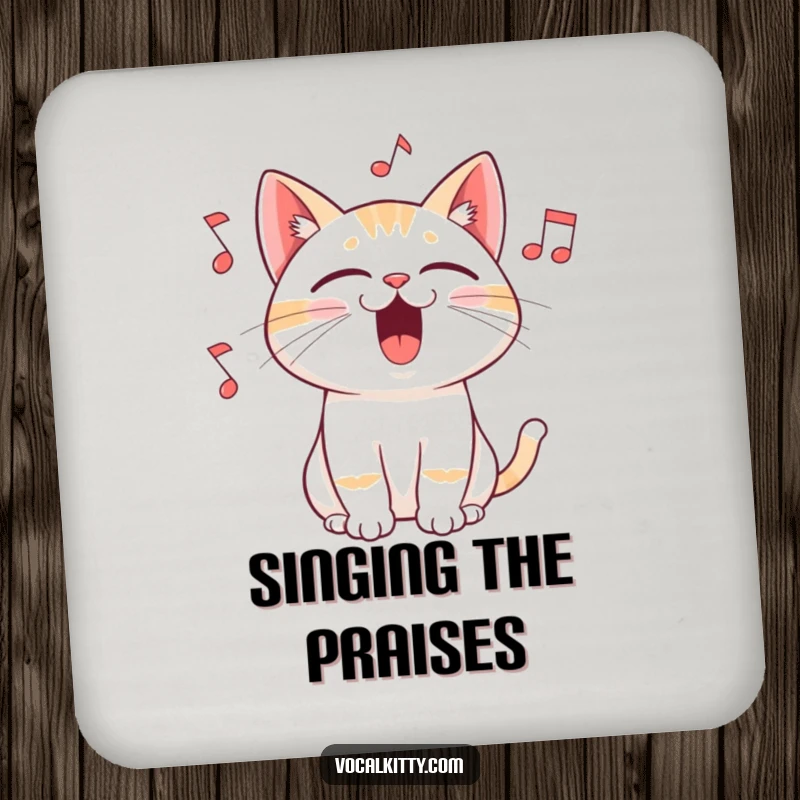 Funny drink coasters with a cat singing with its mouth wide open and musical notes flying out, adding a humorous musical touch to protect surfaces.