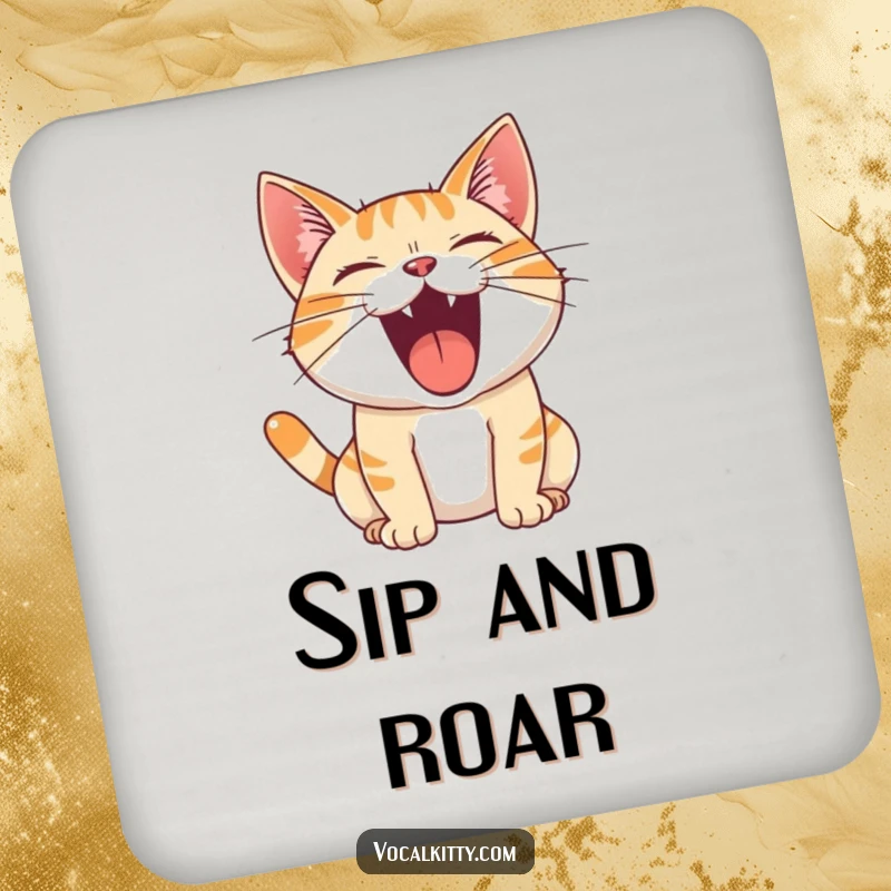 Funny Drink Coaster of a cat with its mouth wide open in a joyful roar, adding bold protection.