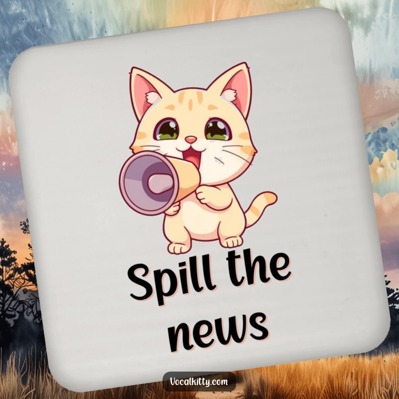 Funny drink coaster featuring a tiny, excited cat holding a megaphone, adding a touch of loud joy to beverage service.