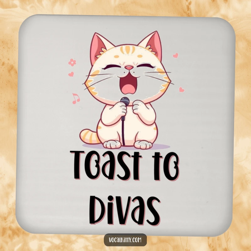 Funny drink coaster featuring a cat character singing opera with exaggerated dramatic flair, adding elegance.