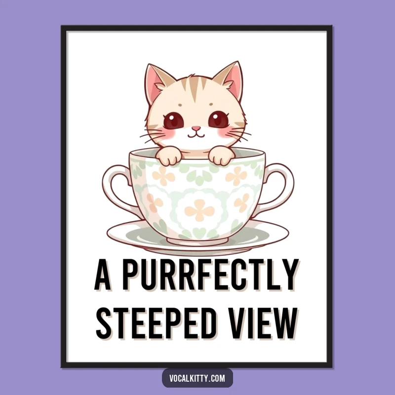 Funny Peek-A-Boo Cat Teacup Poster, Cozy Wall Art
