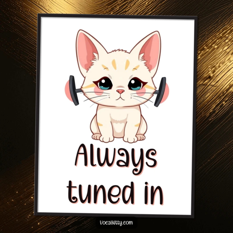 Funny poster of a cat with comically large ears, illustrated straining to hear, adding humor to wall decor.