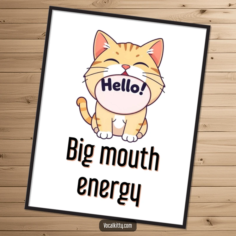 Funny cat's enormous oval mouth open wide, shouting 'Hello!', graphic wall art.