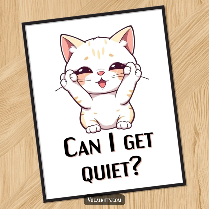 Funny poster of a cat covering its ears, overwhelmed by its own noise, capturing a moment of humorous, relatable stress for wall art.