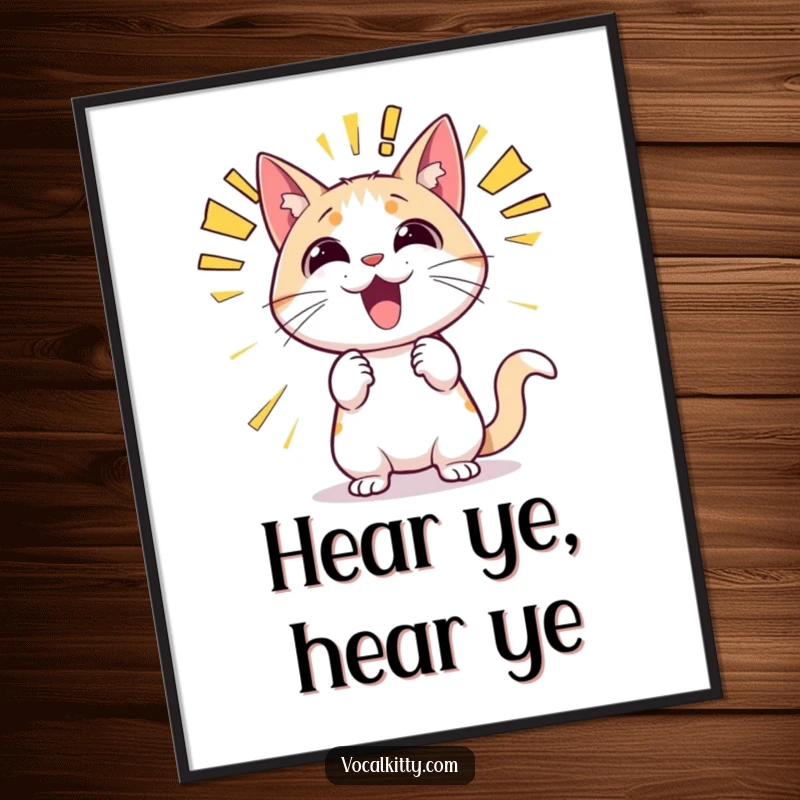 Funny cat poster depicting a cartoon cat with an exaggerated expression, shouting with huge, vibrant sound effect text like 'KABOOM!' and 'WOWZA!'.