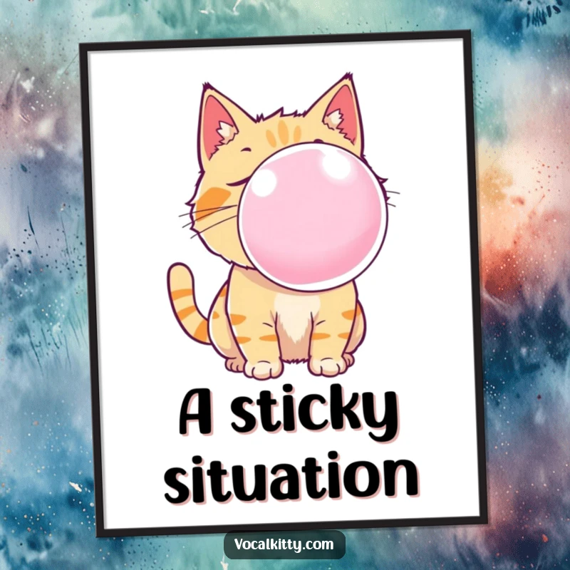 Funny cat poster artwork of a cat blowing a giant, glossy bubble gum bubble, creating a scene of pure, delightful absurdity.