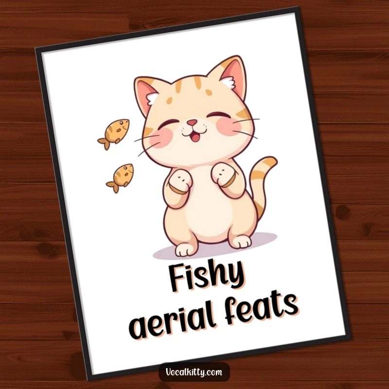 Funny cat poster showcasing a character artistically juggling three small fish with its paws, creating whimsical and humorous wall art.