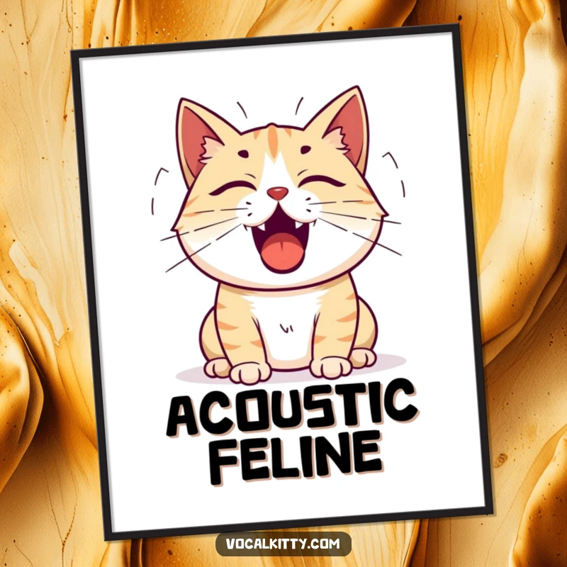 Funny cat poster showing a cat with an open mouth and sound waves emanating outwards, symbolizing a powerful meow.